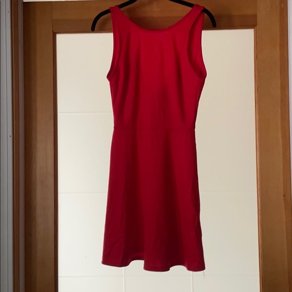 High neck, low back red cocktail dress